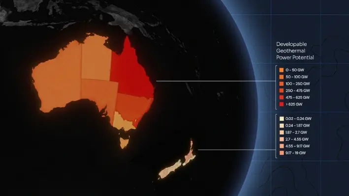 The GeoMap showing the potential geothermal level across Australia and New Zealand